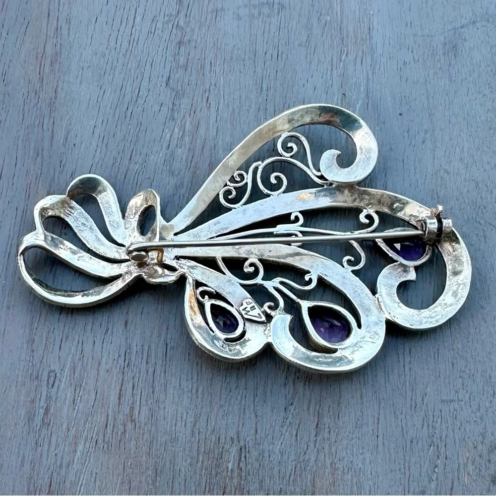 Vintage Sterling Silver & Amethyst Brooch - Picture 5 of 12